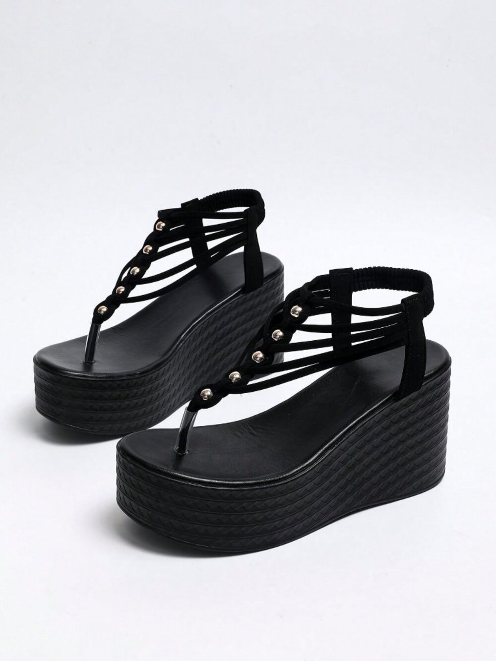 Black Chic Women's Wedge Heel Beaded detailed Thong Sandals - Picture 9 of 10